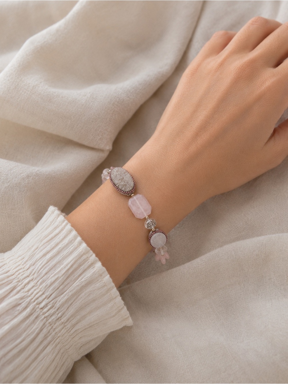 Peyote Bird Oracle Pink Rose Quartz Sterling Silver 925 Chunky Stretch Bracelet